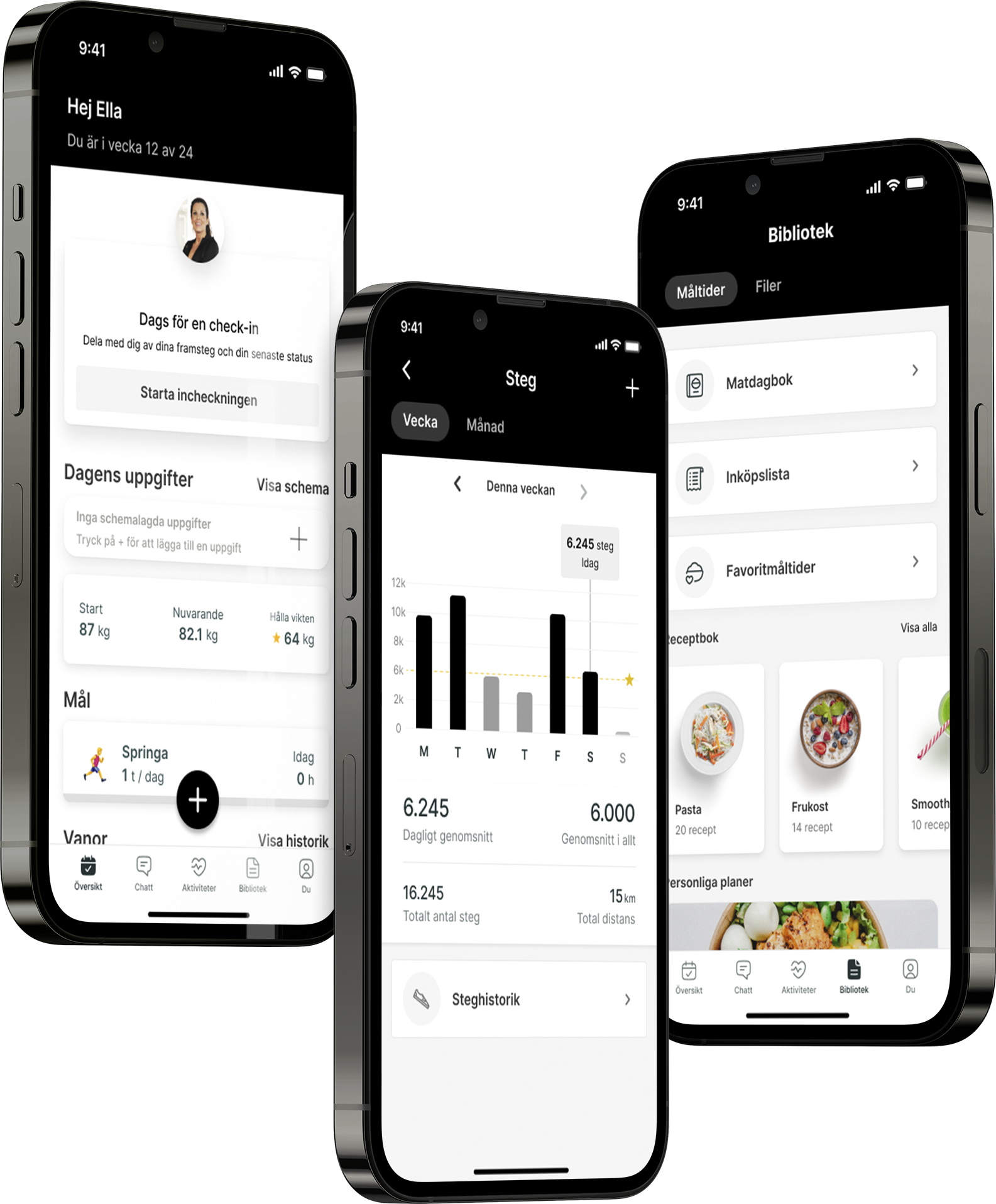 En mockup av coaching-appen som visar funktionerna.